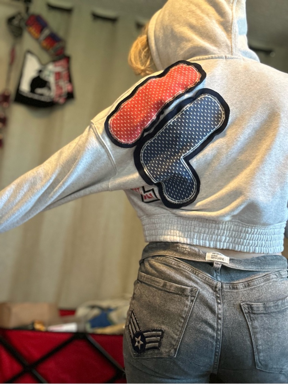 Fila Cropped Gray Hoodie with Red and Navy Patch Details